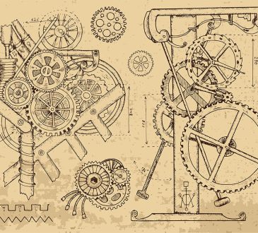 Retro mechanisms and machines in steampunk style on textured background.