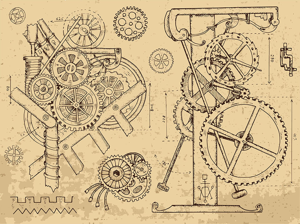 Retro mechanisms and machines in steampunk style on textured background.