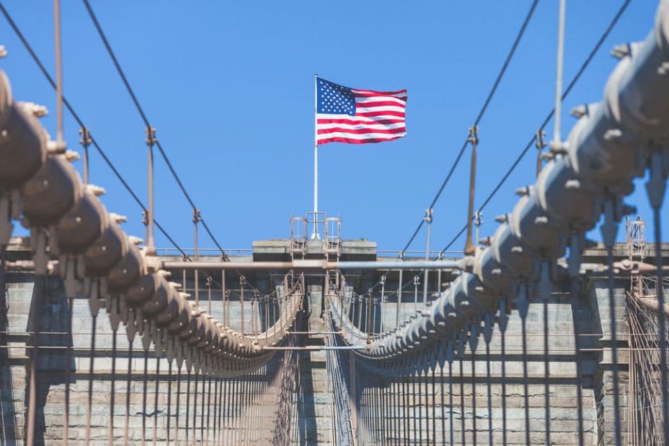 United States Flag at top of Brooklyn Bridge