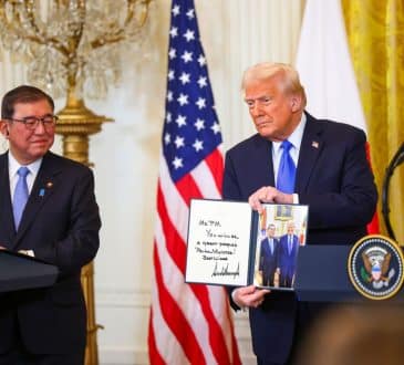 President Donald Trump holds a joint press conference with the Prime Minister of Japan Ishiba Shigeru in the East Room of the White House