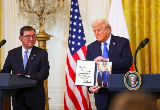 President Donald Trump holds a joint press conference with the Prime Minister of Japan Ishiba Shigeru in the East Room of the White House