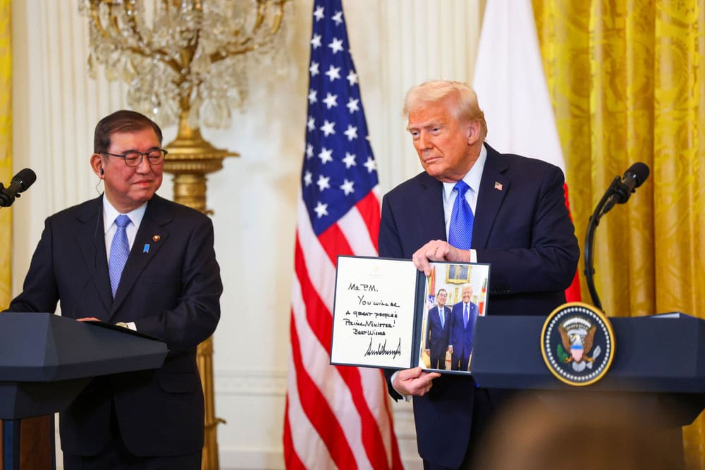 President Donald Trump holds a joint press conference with the Prime Minister of Japan Ishiba Shigeru in the East Room of the White House